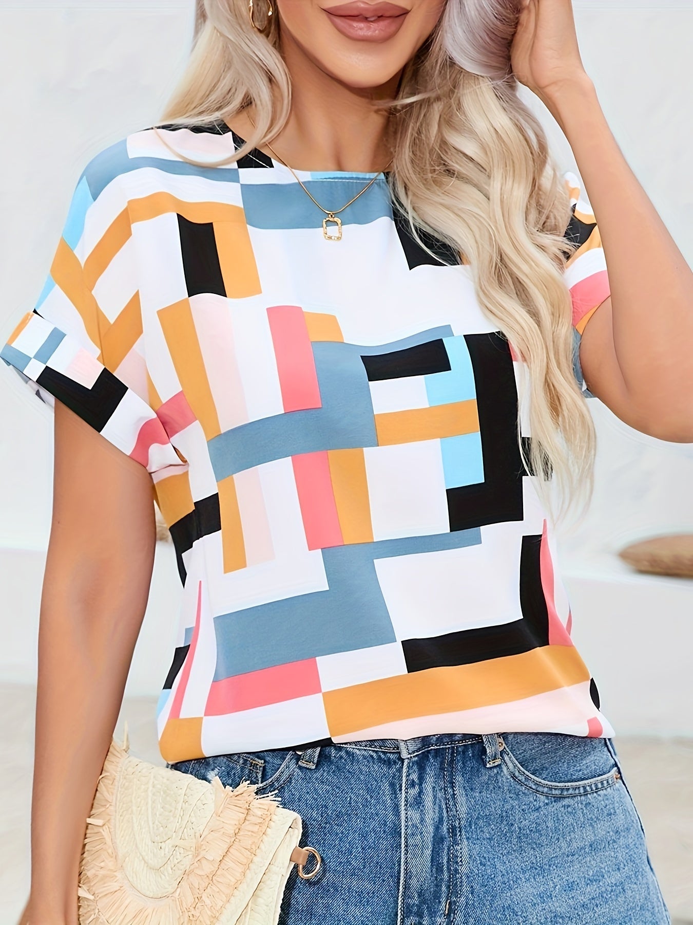 Color Block Crew Neck Blouse, Elegant Short Sleeve Blouse For Every Day, Women's Clothing