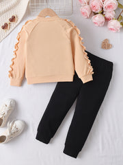 Girls 2Pcs, Chic Frilled Long Sleeve Heart Graphic Pullover Top + Pants Casual Set, Cute Girls Spring Fall Clothes