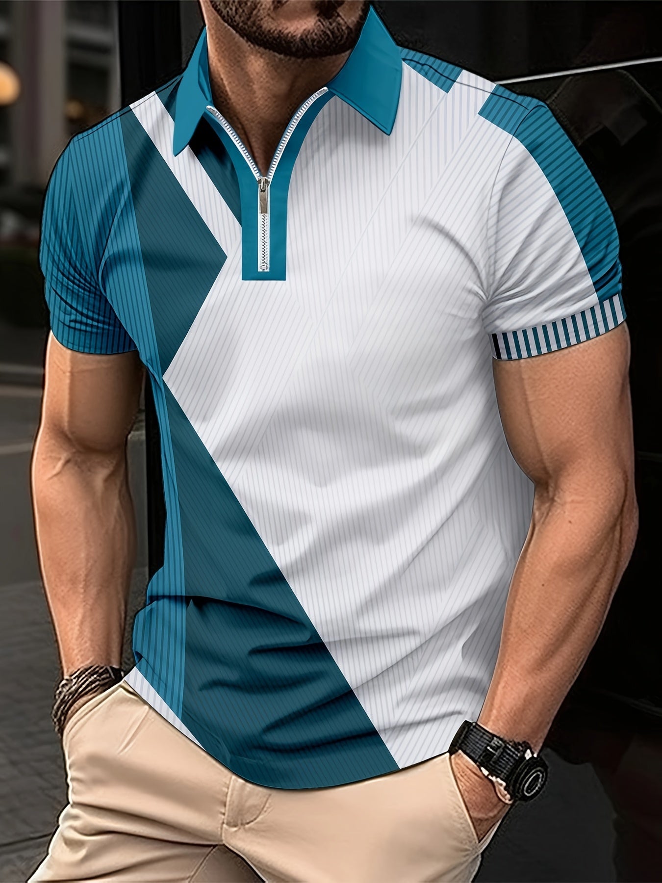 Versatile Summer Casual Men's Golf Shirt - Breathable, Stretch-Fit, Durable, Color Block Design with a Stylish Lapel