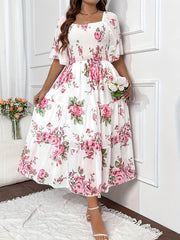 Plus Size Romantic Dress, Women's Plus Floral Print Shirred Butterfly Sleeve Square Neck Smock Maxi Dress