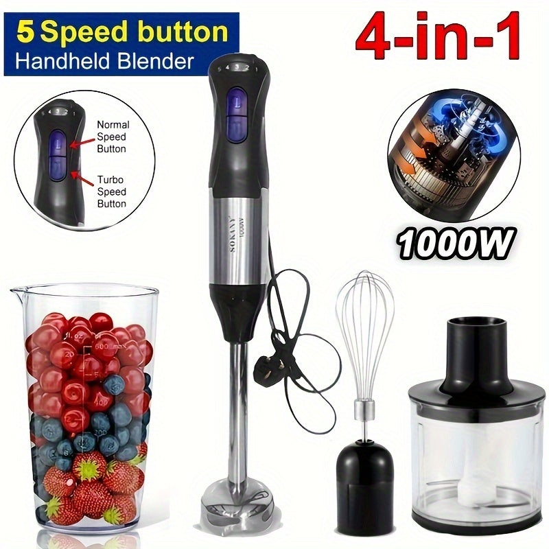 4-in-1 5 Speed Hand Blender 1000W Powerful Motor BPA-Free Accessories Turbo Boost Ergonomic Grip Easy Clean And Store