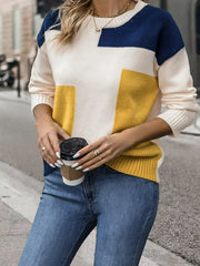 Cozy Color Block Pullover Sweater - Stylish Crew Neck, Long Sleeve Knit for Trendy Women - Perfect for Fall & Spring Wardrobe