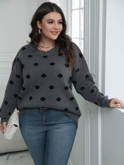 Plus Size Casual Sweater, Women's Plus Dot Print Long Sleeve Round Neck Medium Stretch Jumper