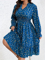 Plus Size Womens Flattering Smock Dress - Eye-Catching Ditsy Print with Lantern Sleeves, V Neck & Defined Waist - Ultra-Comfortable Casual Style