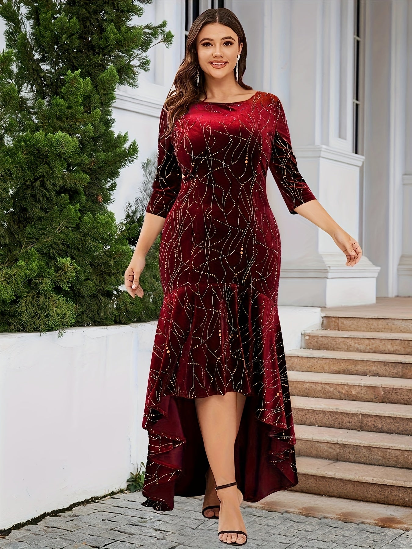 Plus Size Glamorous Golden Dot Velvet Dress - Luxurious Soft Fabric, Flattering Ruffle Trim, Three-Quarter Sleeves, Round Neck, Mermaid Silhouette - Perfect for Elegant Occasions