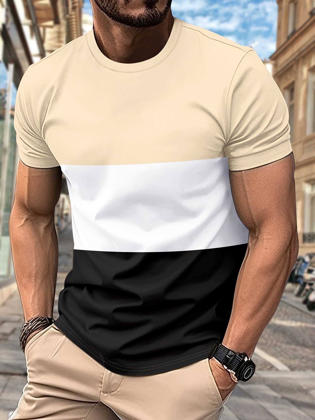 Mens Color Block Pattern Crew Neck T-shirt - Stylish Short Sleeve for Easy Movement, Ultra-Casual Design for Relaxed Fit, Breathable Fabric for Maximum Comfort, Perfect for Summer Outdoor Activities and Ideal for Outdoor Wear