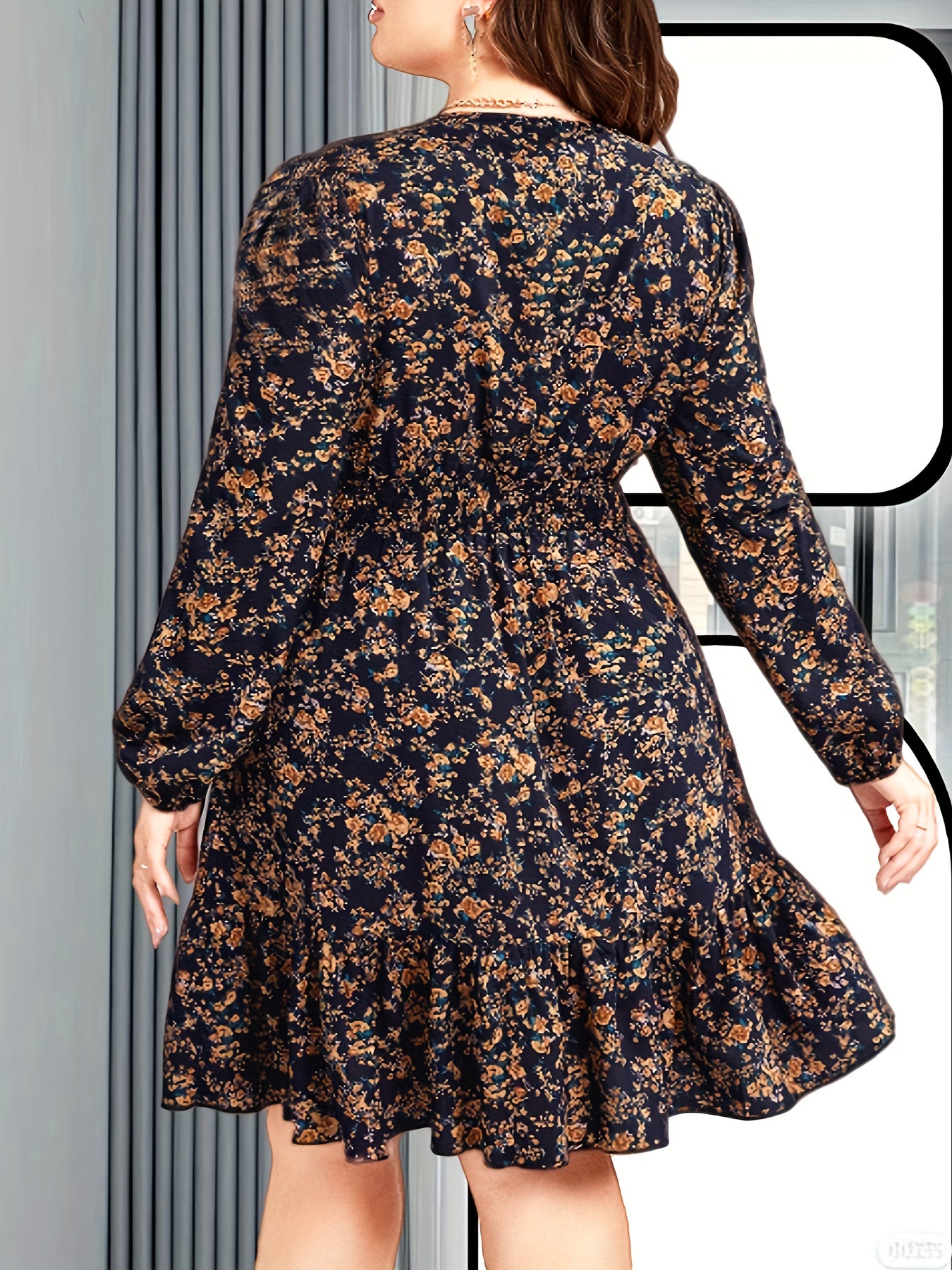 Plus Size Floral Print Dress, Elegant Long Sleeve Crew Neck Dress For Spring & Summer, Women's Plus Size Clothing