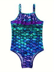 Glamorous Girls Ruffle Mermaid Swimsuit with Adjustable Spaghetti Straps - Flouncy Front & Backless Design - One-Piece Bathing Suit for Pool & Beach Adventures