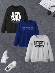 Casual New York & Brooklyn Print Sweatshirts for Boys, Pack of 3 - Crew Neck Long Sleeve Tops in French Terry, Polyester 80%, Cotton 20%, Loose Fit Knit Fabric for Fall/Winter - Geometric Pattern, Slight Stretch