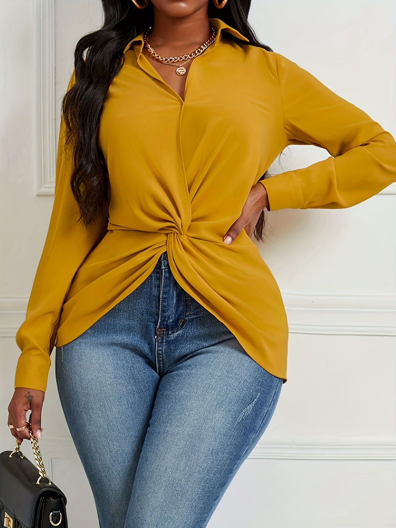 Twist Asymmetrical Plain Color V Neck Blouse, Chic Long Sleeve Blouse For Spring & Fall, Women's Clothing