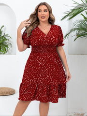 Plus Size Polka Dot Charm - Flattering Shirred Waist Dress with Ruffle Hem - Short Sleeve Surplice Neck for Spring & Summer Elegance - Womens Plus Size Fashion