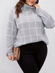 Plus Size Plaid Pattern Knit Sweater, Casual Turtleneck Long Sleeve Sweater For Fall & Winter, Women's Plus Size Clothing