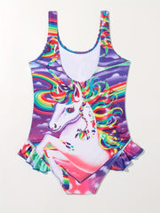 Trendy Unicorn Graphic Ruffle Trim 1-piece Swimsuit Kids Clothes For Summer Gift