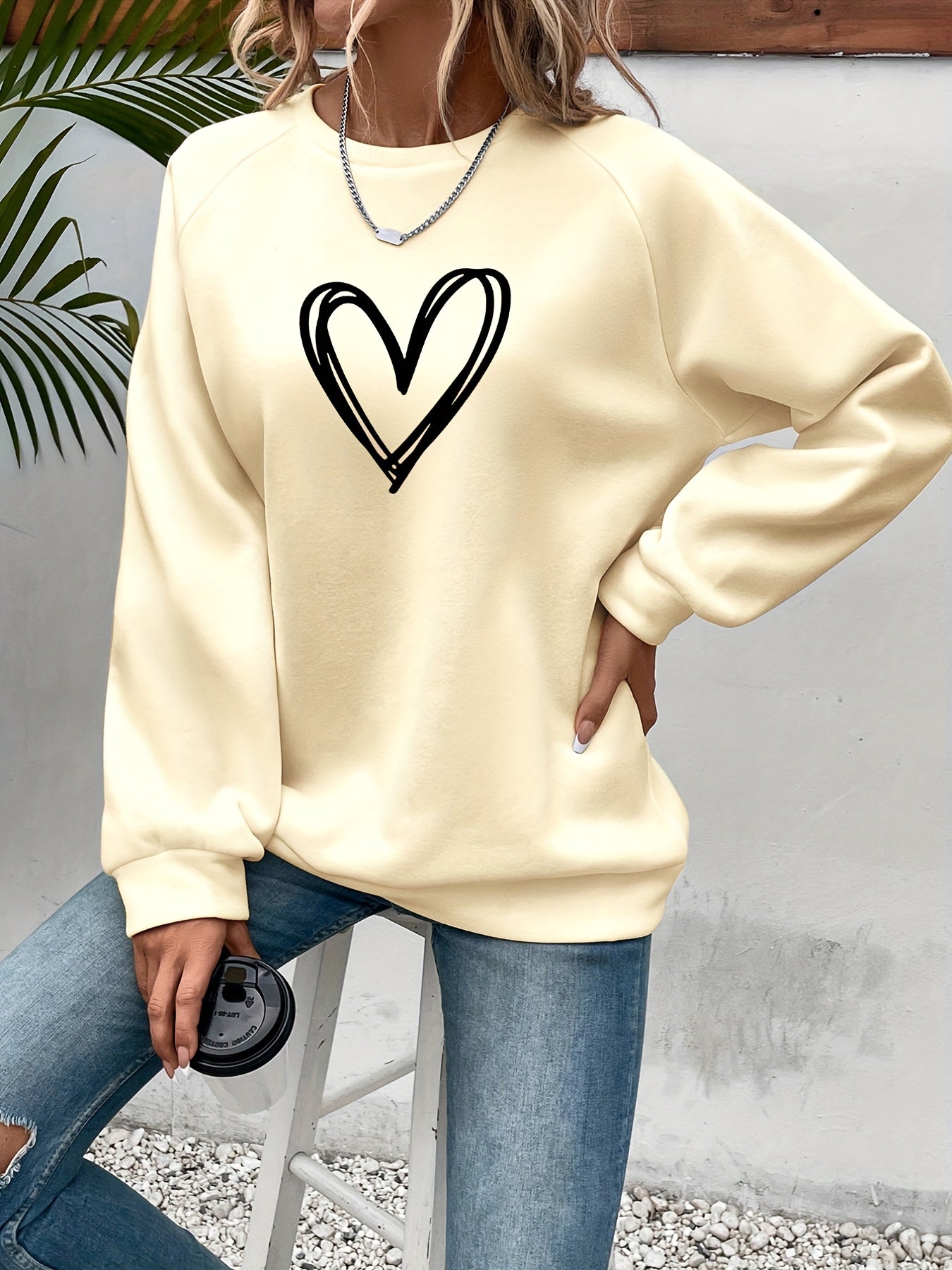 Heart Print Womens Pullover Sweatshirt - Casual Long Sleeve Crew Neck - Comfortable Spring & Fall Wardrobe Essential - Trendy Heart Design for Versatile Style