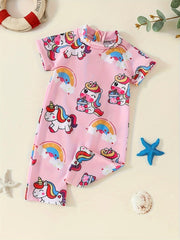 Toddler's Cartoon Rainbow Unicorn Pattern One-piece Swimsuit, Stretchy Short Sleeve Bathing Suit, Baby Girl's Swimwear For Summer Beach Holiday