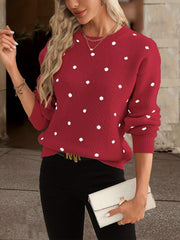 Polka Dot Knit Sweater - Relaxed Fit Casual Long Sleeve Crew Neck Sweater for Women, Perfect for Everyday Wear, Womens Clothing