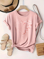 Plus Size Butterfly Heart Print Crew Neck T-Shirt - Soft Slight Stretch Fabric, Positioning Printing, Casual Short Sleeve Top for Spring & Summer - Womens Comfortable Knit Fabric Clothing for Warm Weather