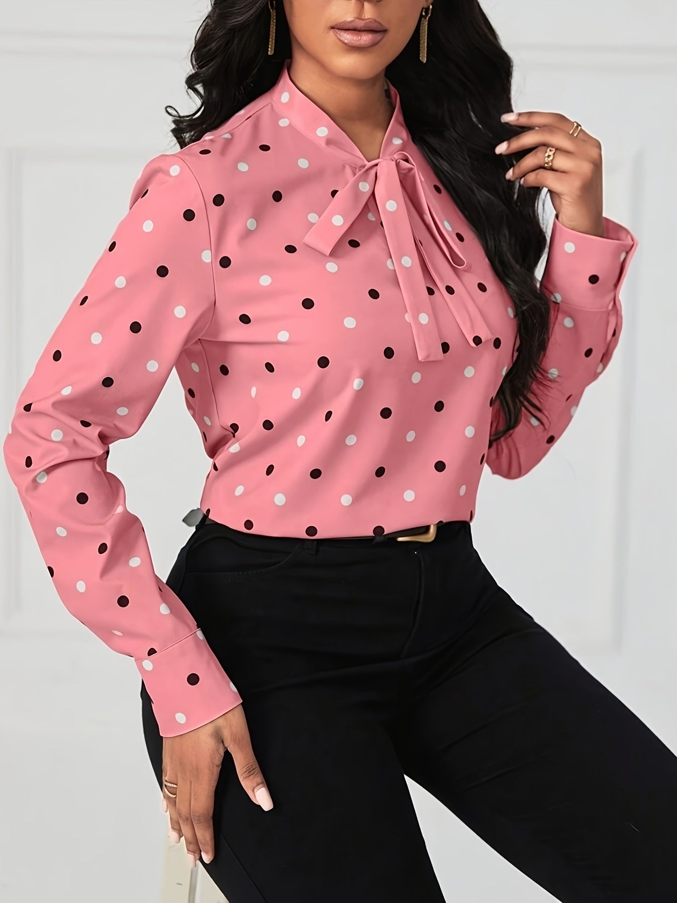 Polka-dot Print Tie Neck Blouse, Elegant Long Sleeve Top For Spring & Fall, Women's Clothing