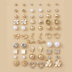 30 Pairs Rhinestones Heart Alloy Faux Pearl Gorgeous Crystal Stud Earrings Set For Women