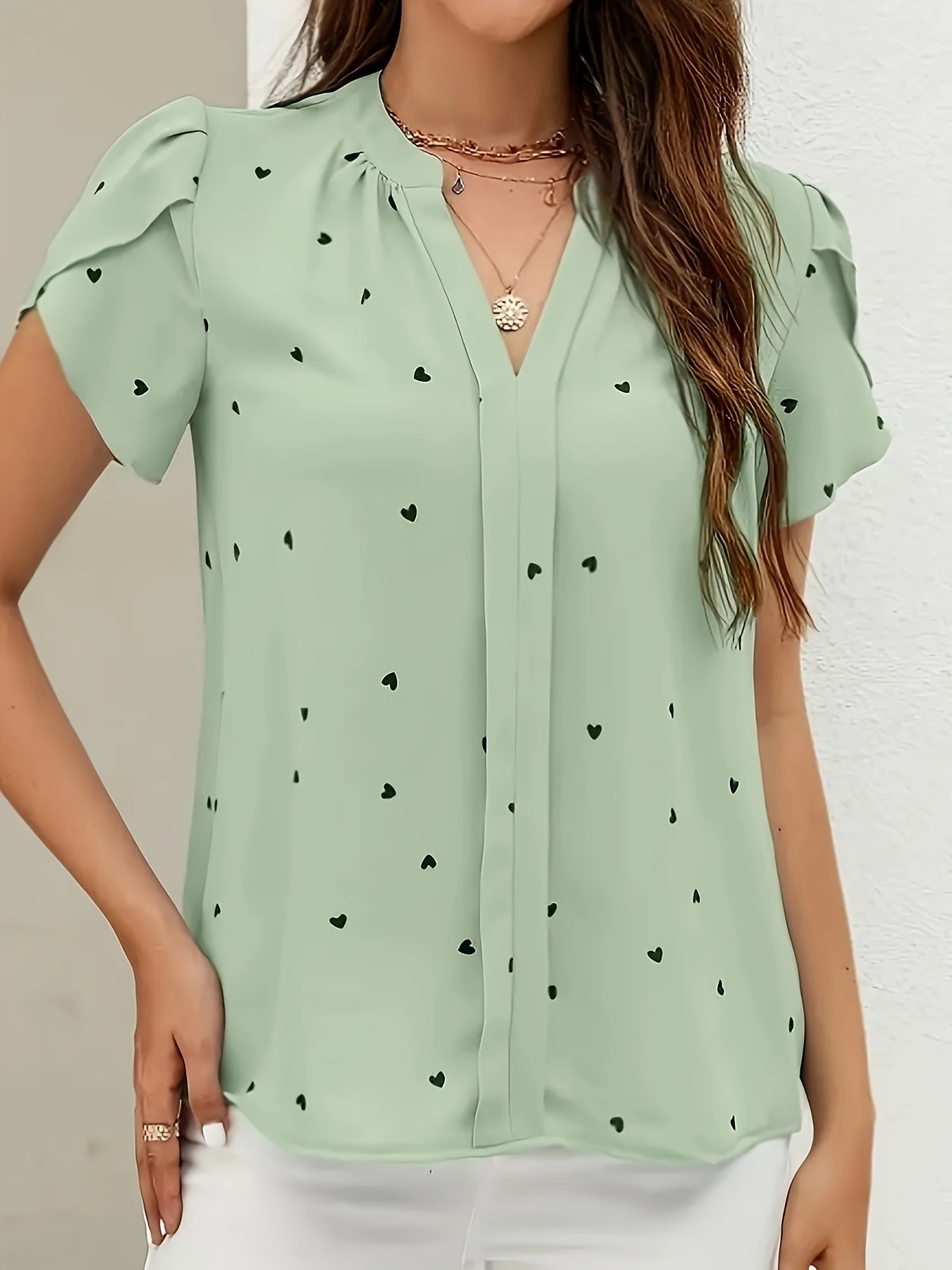 Dot Print Petal Sleeve Blouse, Elegant V-neck Short Sleeve Blouse, Women's Clothing