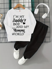 Boy's MOMMY'S WORLD Print Outfit 2pcs, Sweatshirt & Cargo Pants Set, Toddler Kid's Clothes For Spring Fall