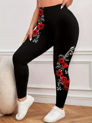 Plus Size Floral Print Leggings, Casual High Waist Stretchy Leggings For Spring & Summer, Women's Plus Size Clothing