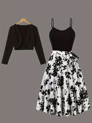 Leaf Print Pleated Elegant Set, Open Front Long Sleeve Cardigan & Backless Sleeveless Belted Cami Dress, Women's Clothing