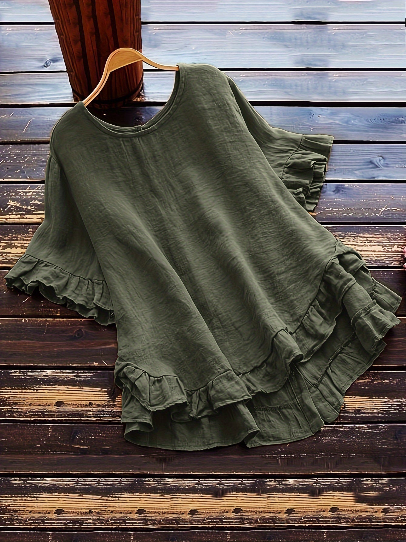 Button Detail Ruffle Hem Blouse, Casual Crew Neck Short Sleeve Blouse For Spring & Summer, Women's Clothing