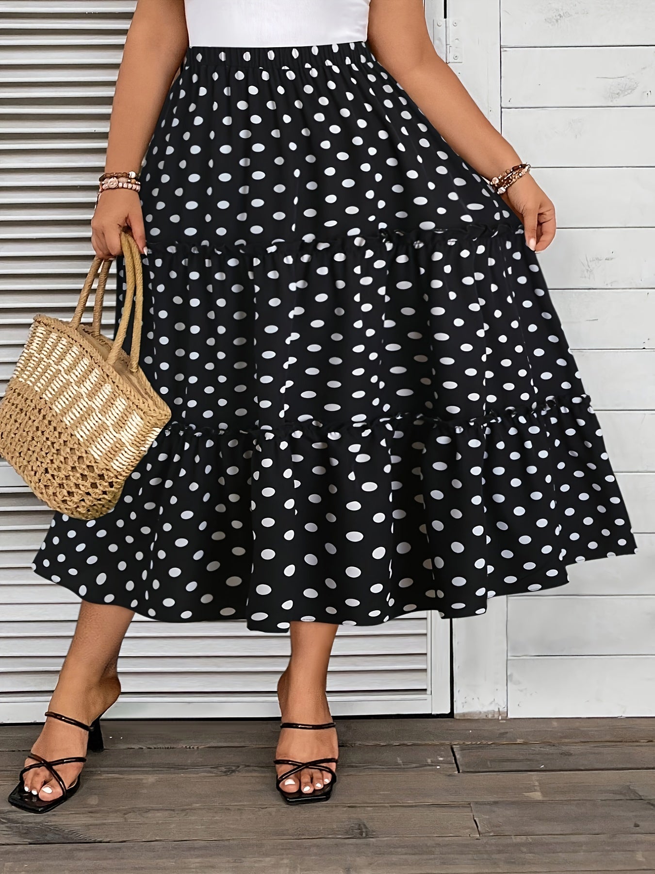 Plus Size Polka-dot Print A-line Skirt - Comfortable Elastic Waist for a Flattering Fit, Flowy Tiered Design for a Feminine Silhouette - Designed for Plus Size Women, Elegant and Sophisticated Style