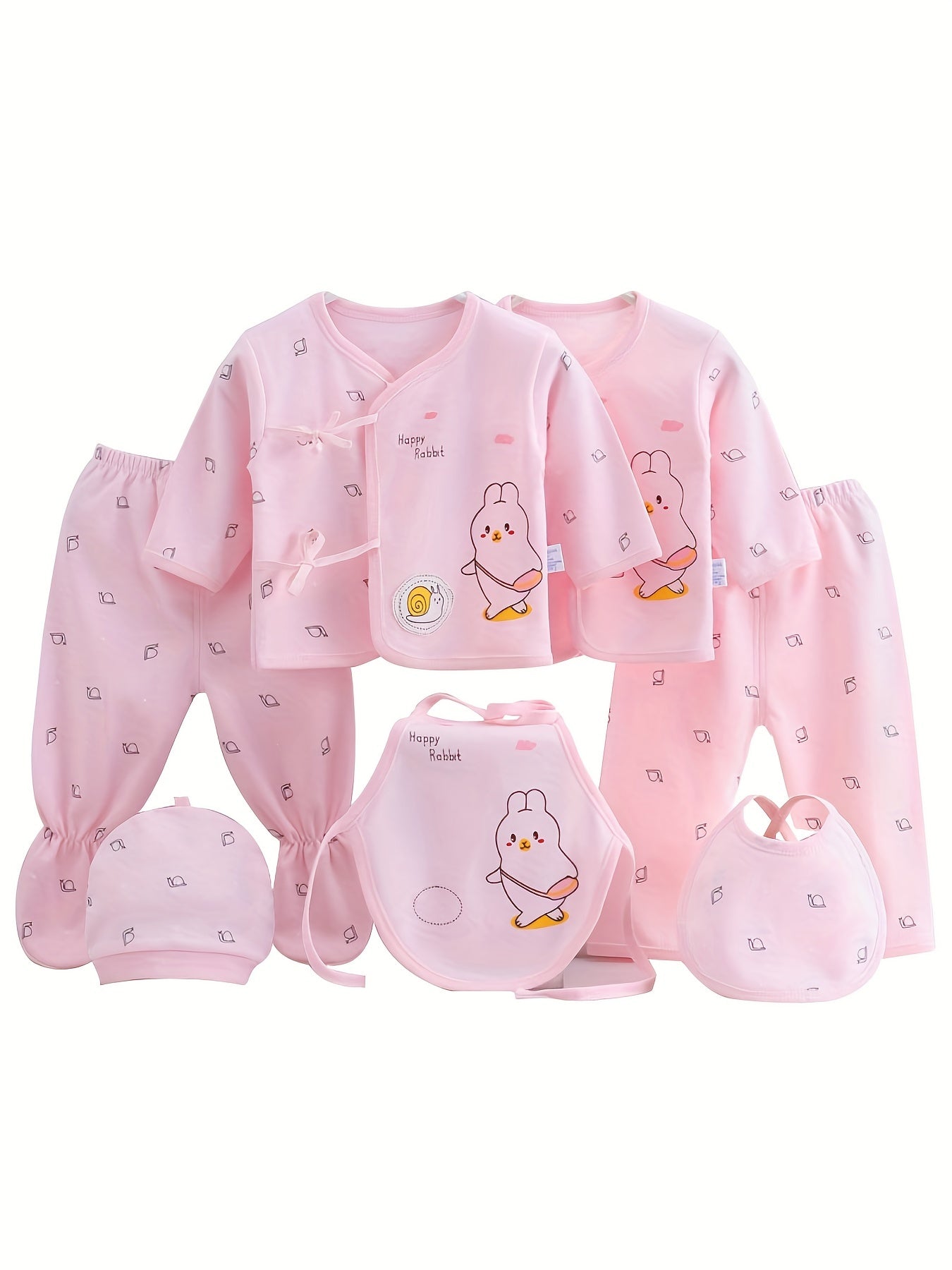 7pcs Newborn Outfits Gifts, Cute Graphic Baby Boys Girls Cotton Comfy Clothes Set - Footed Pants Cardigan Top Trousers Hat Bib Set