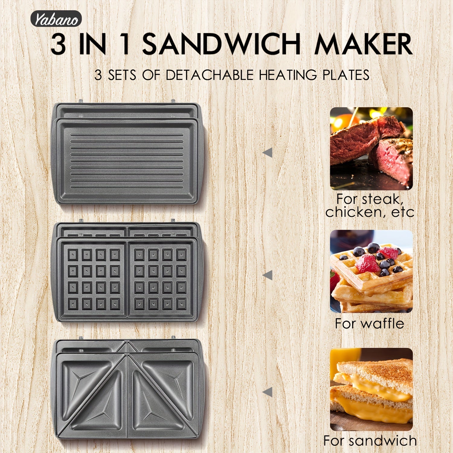 Yabano Sandwiches Toaster 3 in 1 Toastie Makers Waffle Maker Machine & Panini Maker Grill with Detachable Non-Stick Plates, LED Indicator Lights, Cool Touch Handle, Dishwasher Safe, 800W, Kitchen Gadgets Gifts For Mom Or Dad