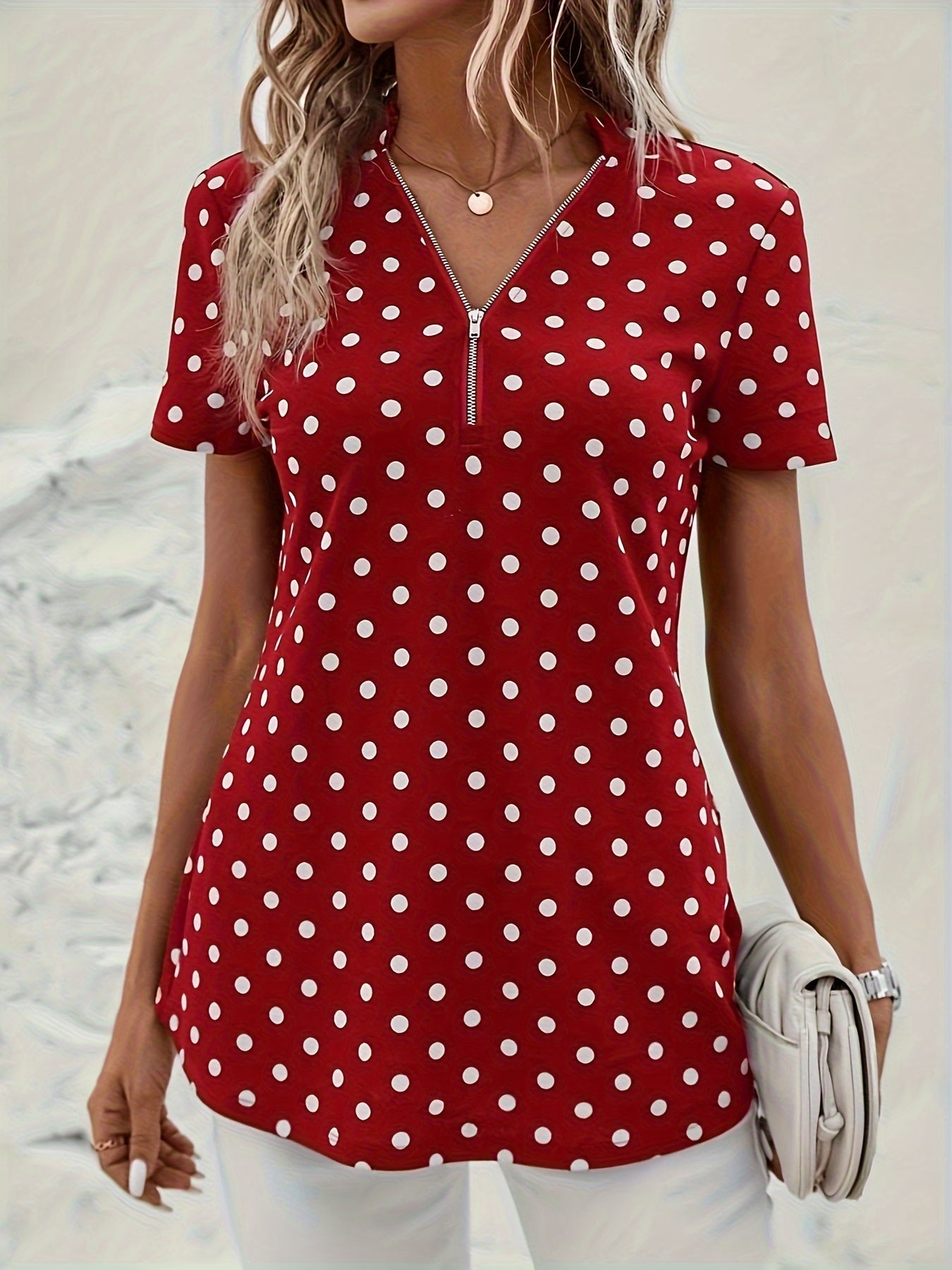 Polka Dots Print V Neck Blouse, Elegant Zipper Front Short Sleeve Blouse For Spring & Summer, Women's Clothing