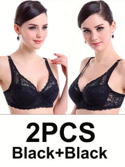 2pcs Luxurious Floral Lace Push Up Bras - Comfortable & Breathable with Bow Tie Detail - Soft Intimates Bra Set for Womens Lingerie Collection