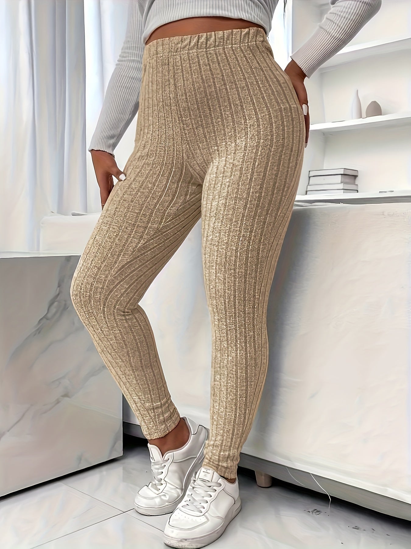 Plus Size Solid Ribbed Knit Leggings, Casual High Waist Leggings For Fall & Winter, Women's Plus Size Clothing