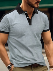 Mens Short Sleeve Solid Color Regular Fit V-Neck Golf Shirt - Breathable Cotton Knit Fabric with Slight Stretch, Button Details, and Lapel Collar Style - Perfect for Summer Casual Sports Wear