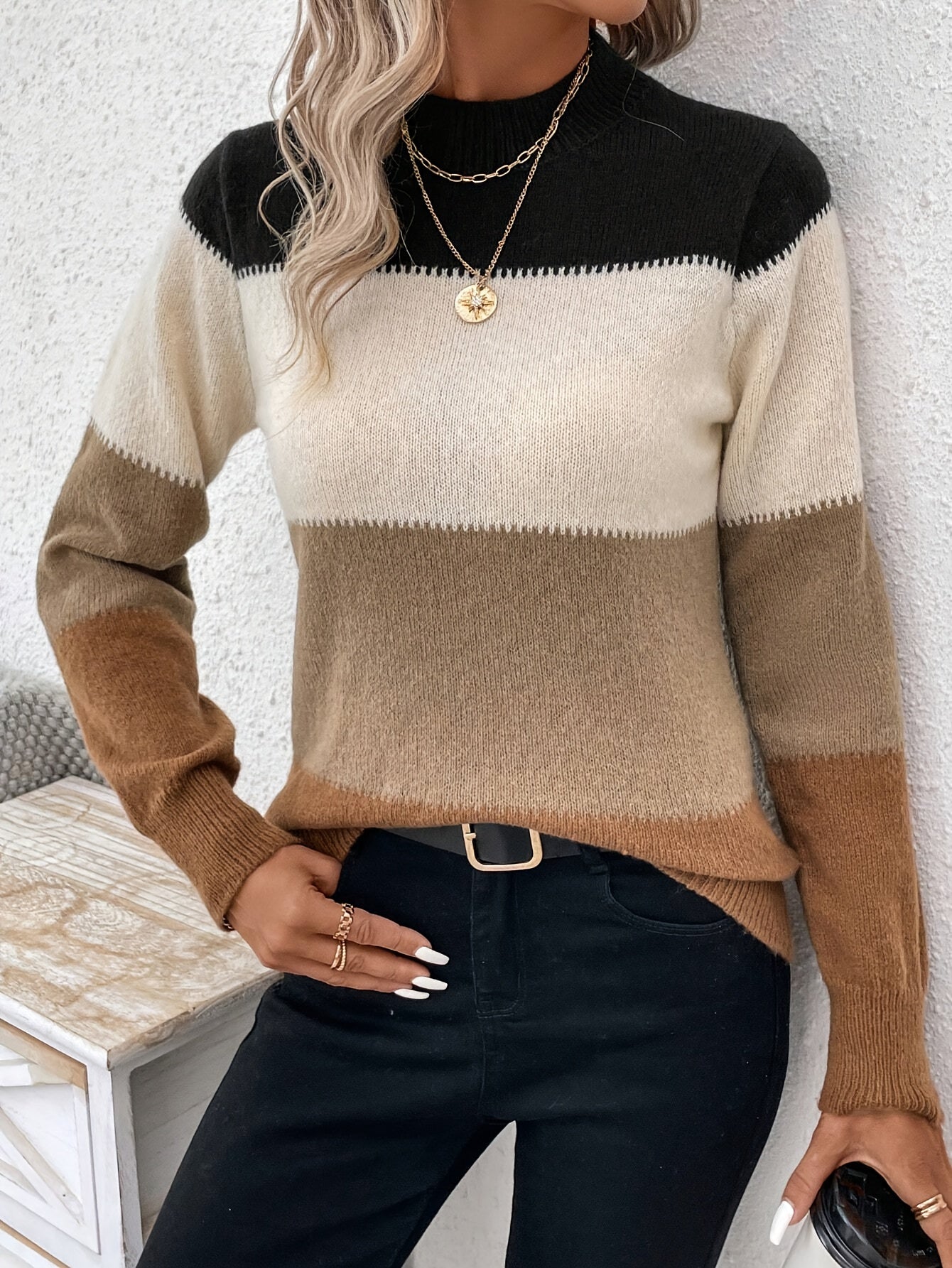 Color Block Knitted Pullover Sweater, Casual Mock Neck Long Sleeve Top For Fall & Winter, Women's Clothing