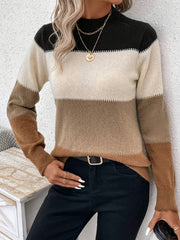 Color Block Knitted Pullover Sweater, Casual Mock Neck Long Sleeve Top For Fall & Winter, Women's Clothing