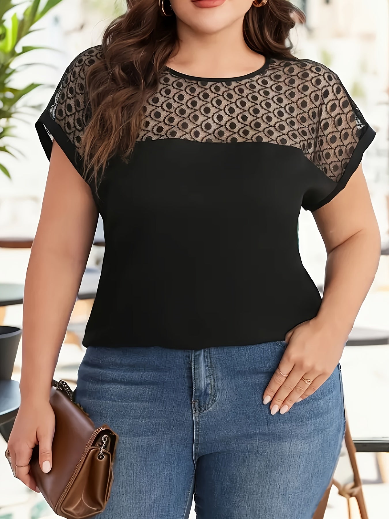 Plus Size Lace Stitching T-Shirt - Delicate Lace Details, Solid Color, Short Sleeves, Casual Style - Perfect for Spring and Summer, Designed for Women with Curvy Figures