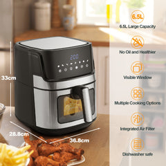 8-in-1 Air Fryer with LED Touch Display and Visible Window 6.5L AirfryerRapid Circulation for Health Cooking, 1700W, 60 min-timer, 80-200°C