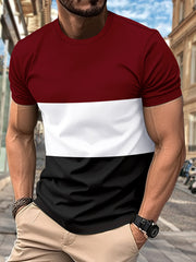 Mens Color Block Pattern Crew Neck T-shirt - Stylish Short Sleeve for Easy Movement, Ultra-Casual Design for Relaxed Fit, Breathable Fabric for Maximum Comfort, Perfect for Summer Outdoor Activities and Ideal for Outdoor Wear