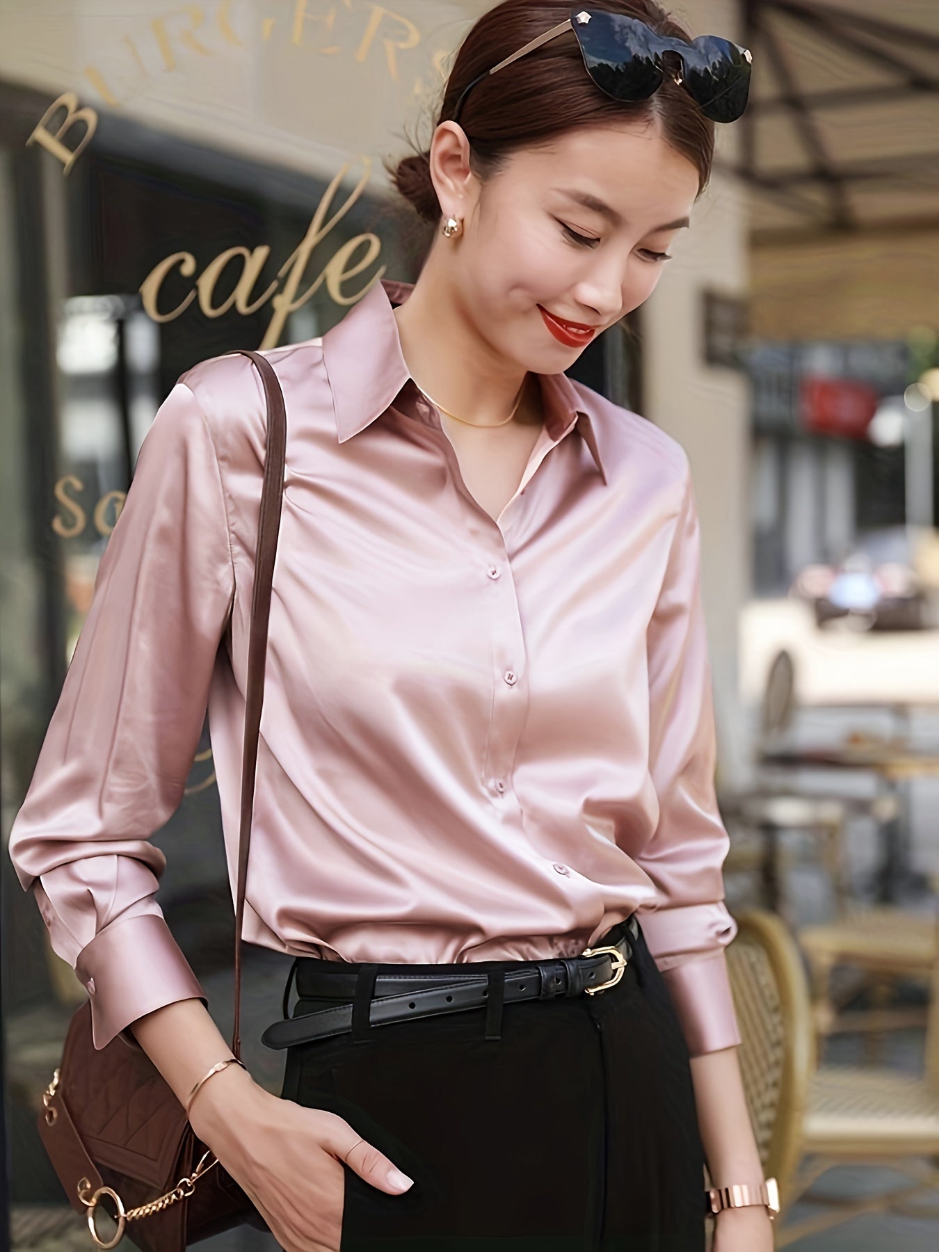 Satin Button Front Shirt, Elegant Long Sleeve Lapel Shirt For Spring & Fall, Women's Clothing