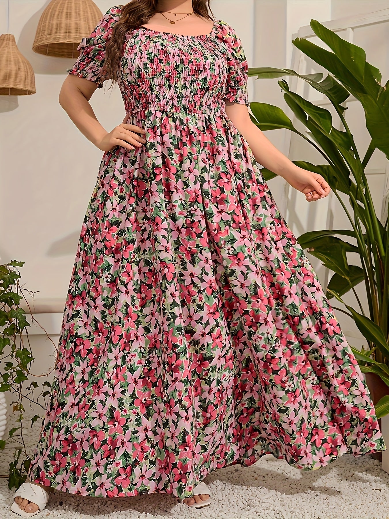 Plus Size Floral Elegance Maxi Dress - Short Sleeves, Shirred Waist, Breezy Fabric | Ideal for Spring/Summer Events & Casual Wear