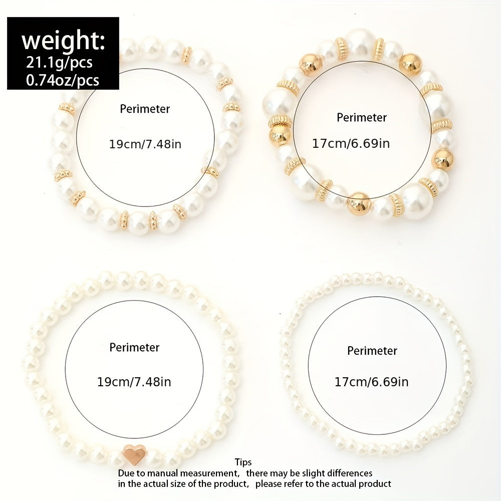 4pcs White Faux Pearls Beads Beaded Bracelet Set Elegant Handmade Hand String Jewelry Accessory