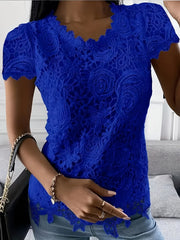 Solid Lace Short Sleeve Top, Versatile Blouse For Spring & Summer, Women's Clothing