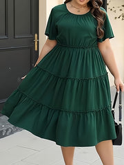 Plus Size Solid Tiered Lettuce Trim Dress, Elegant Pocket Ruched Short Sleeve Crew Neck Dress For Spring & Summer, Women's Plus Size Clothing