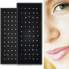 60pcs Inlaid Shiny Zircon Nose Stud Nail Ring Set Silver Plated Stainless Steel Body Piercing Jewelry Set