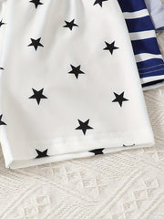 3 Sets Baby Boys Casual Outfit, Stars & Striped Short Sleeve T-shirt & Elastic Waist Shorts Set, Toddlers Summer Clothing