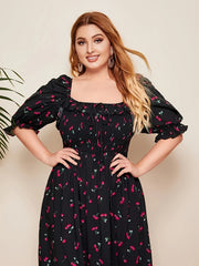 Plus Size Cherry Pattern Puff Sleeve Dress, Elegant Tie Front Square Neck Dress For Spring & Summer, Women's Plus Size Clothing