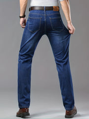 Men's Solid Denim Pants With Pockets, Formal Cotton Blend Jeans For Summer Outdoor Activities