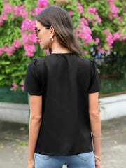 Solid V Neck Blouse, Elegant Short Sleeve Scallop Trim Blouse For Spring & Summer, Women's Clothing